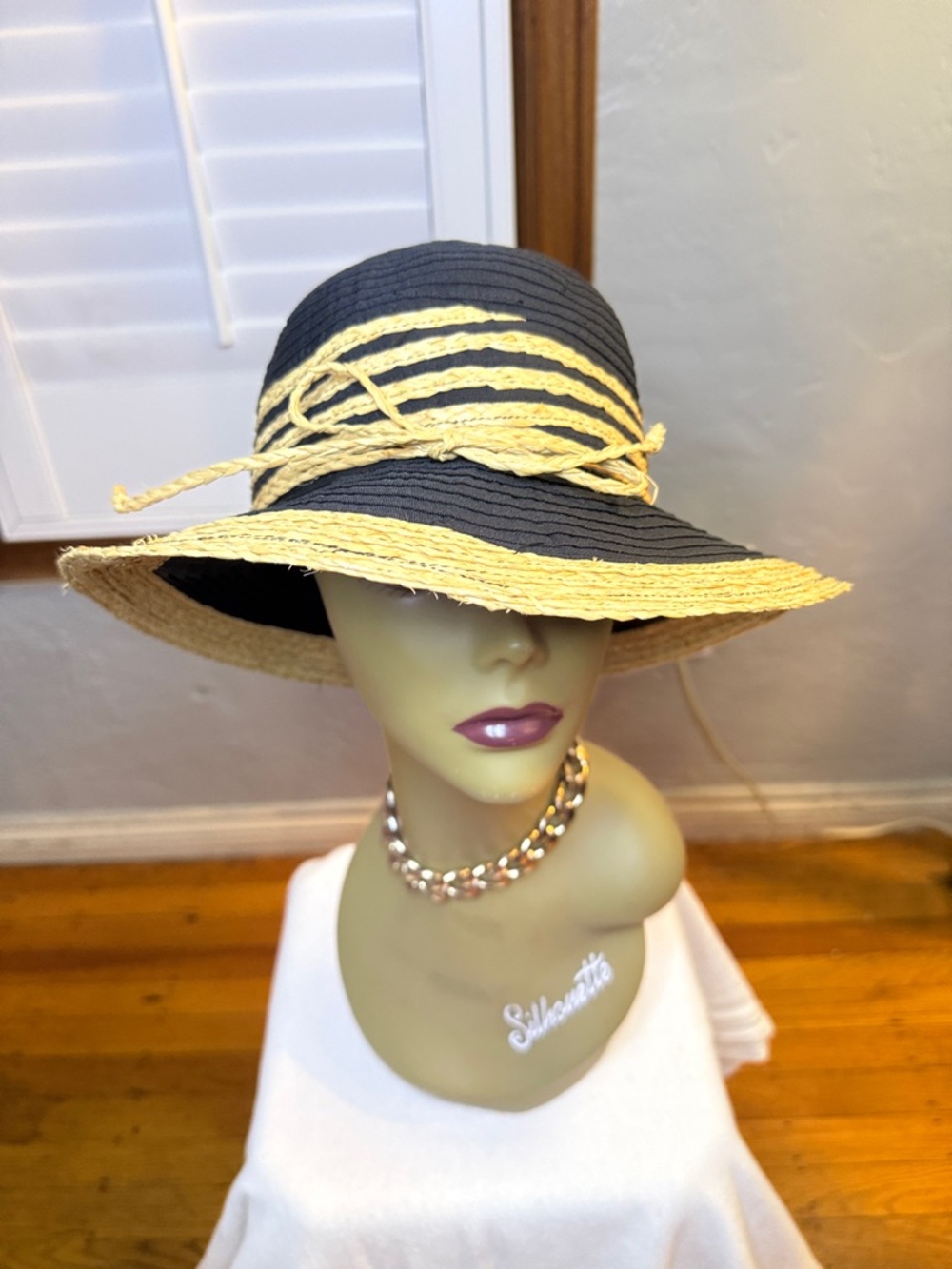 Straw Sun Hat with Black Crown and Natural Brim